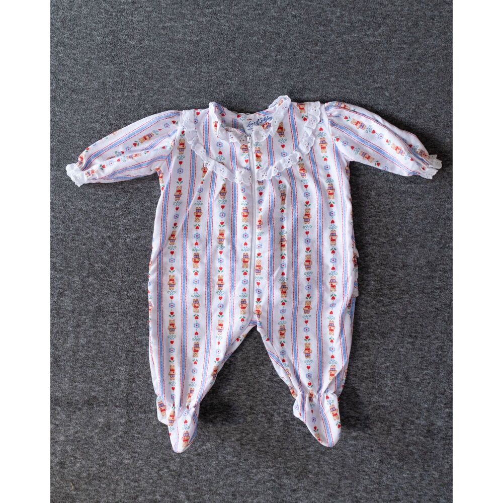 Vintage Lanz of Salzburg Baby Footed Sleeper Teddy Bear Heart Print Lace Small